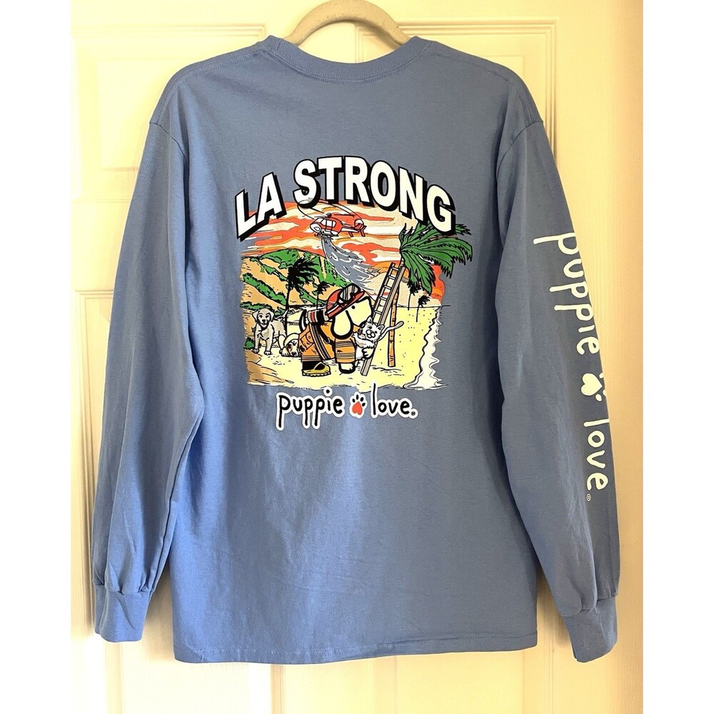 Puppie Love LA Strong Rescue Pup Long Sleeve Shirt Blue Unisex M Coastal Casual